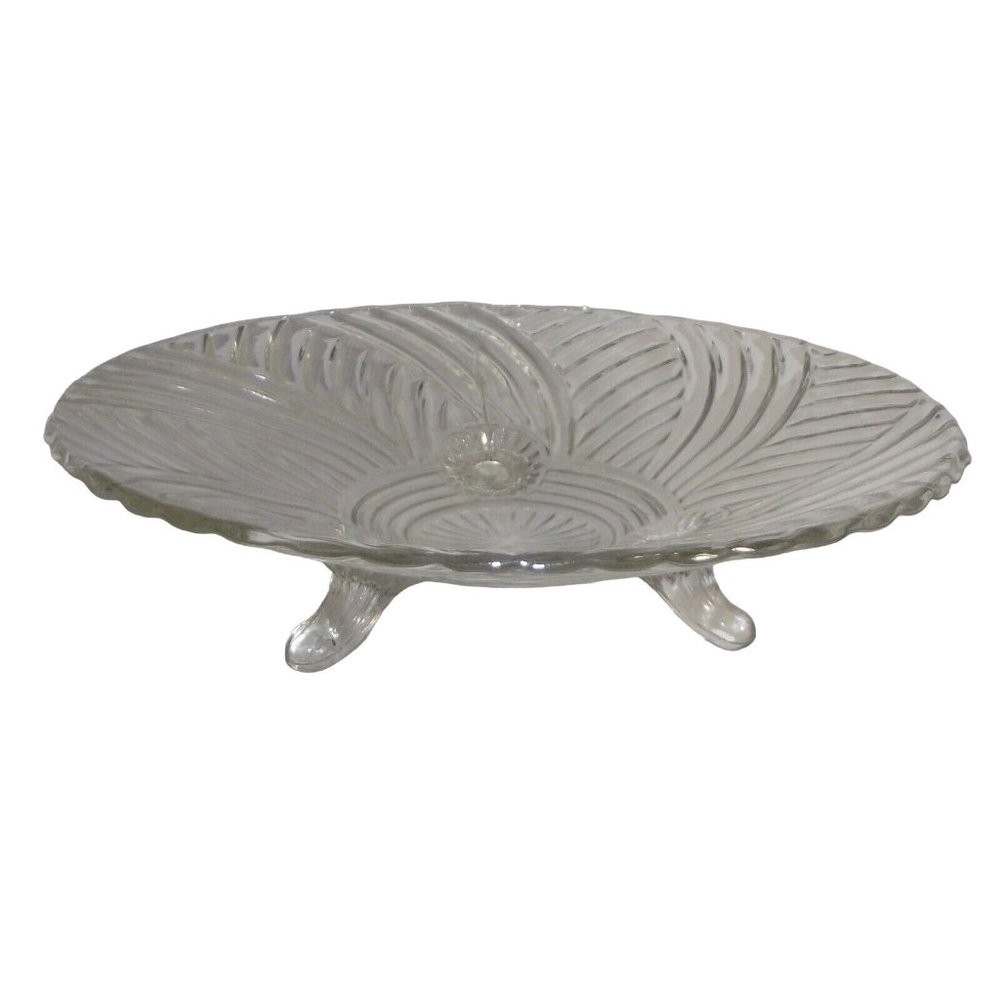 Vintage Clear 10" Glass Serving Bowl Swirl Spiral Pattern 3 Toed Footed Pedestal